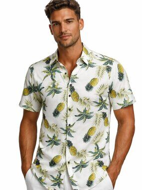 JOGAL White Pineapple Print Short Sleeve Button Front Shirt Mens XL NWT